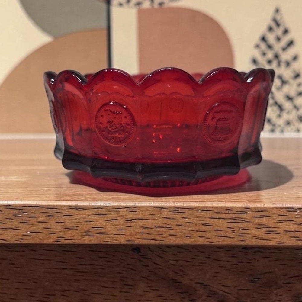 Fostoria Red Frosted Coin Round Glass Bowl, Vtg Scalloped Edge Dish, Centerpiece